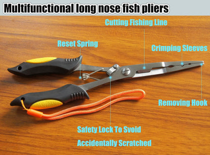 Long Nose Fishing Pliers Stainless Steel Fish Hook Pliers Hook Remover Split Ring Pliers with Lanyard for Freshwater Saltwater