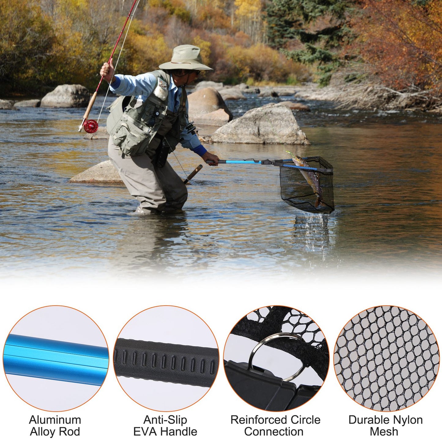 1Pc Foldable Fishing Net with Aluminum Alloy Rod EVA Handle Durable 5MM Hexagonal Nano Coating Nylon Mesh Collapsible Landing Net Safe Fish Catching or Releasing