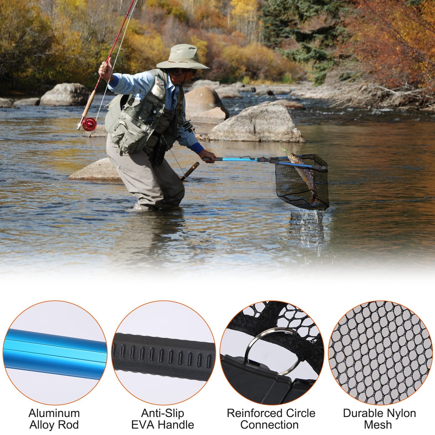 1Pc Foldable Fishing Net with Aluminum Alloy Rod EVA Handle Durable 5MM Hexagonal Nano Coating Nylon Mesh Collapsible Landing Net Safe Fish Catching or Releasing